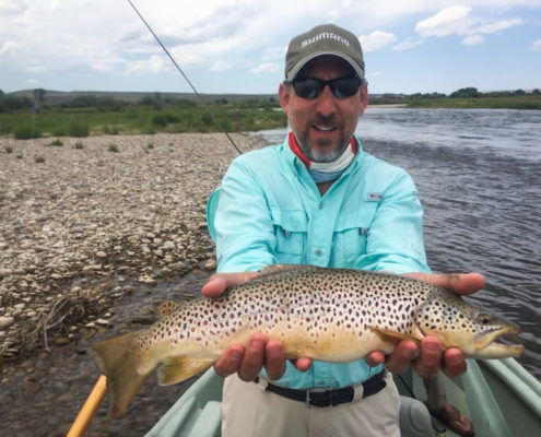 Fly fisherman holds a large brown trout on the green river wyoming